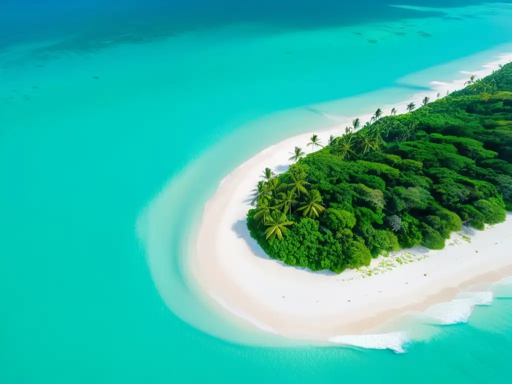 Vista aérea de playa paradisíaca, aguas cristalinas, arena blanca y palmeras