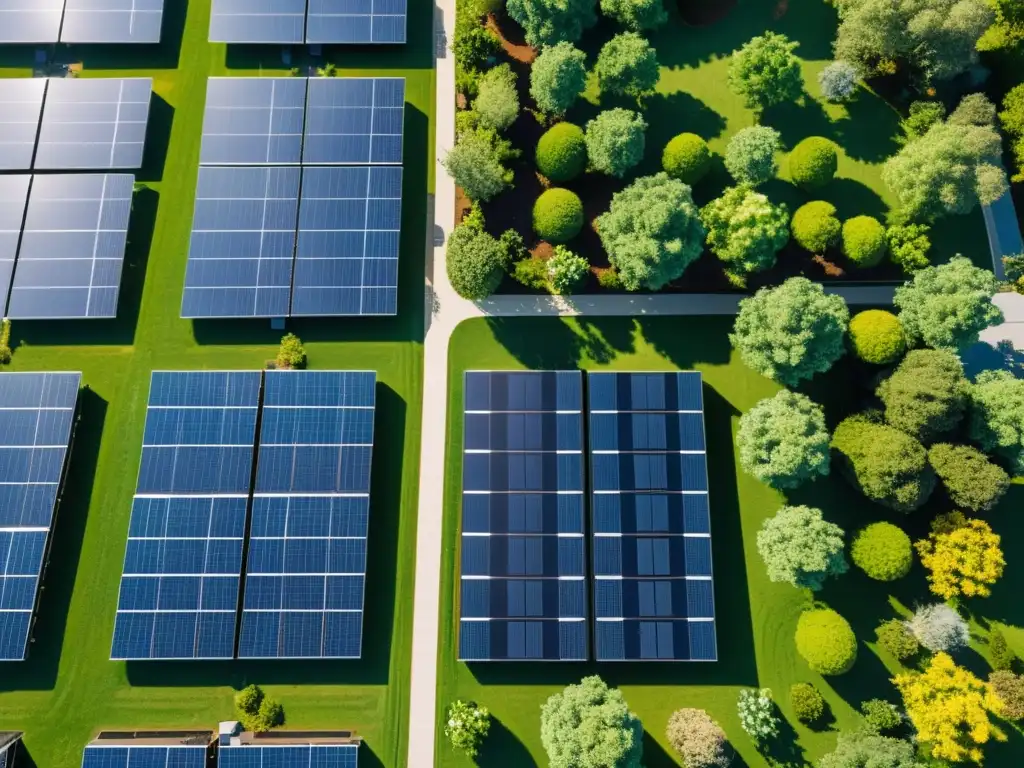 Vista aérea de un proyecto de comunidad solar con certificaciones energía solar comunitaria, paneles solares en tejados y paisaje verde