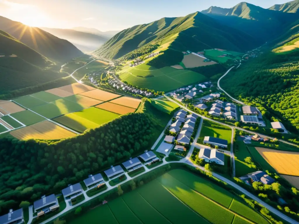 Vista aérea de un pueblo en un valle exuberante con microredes integradas