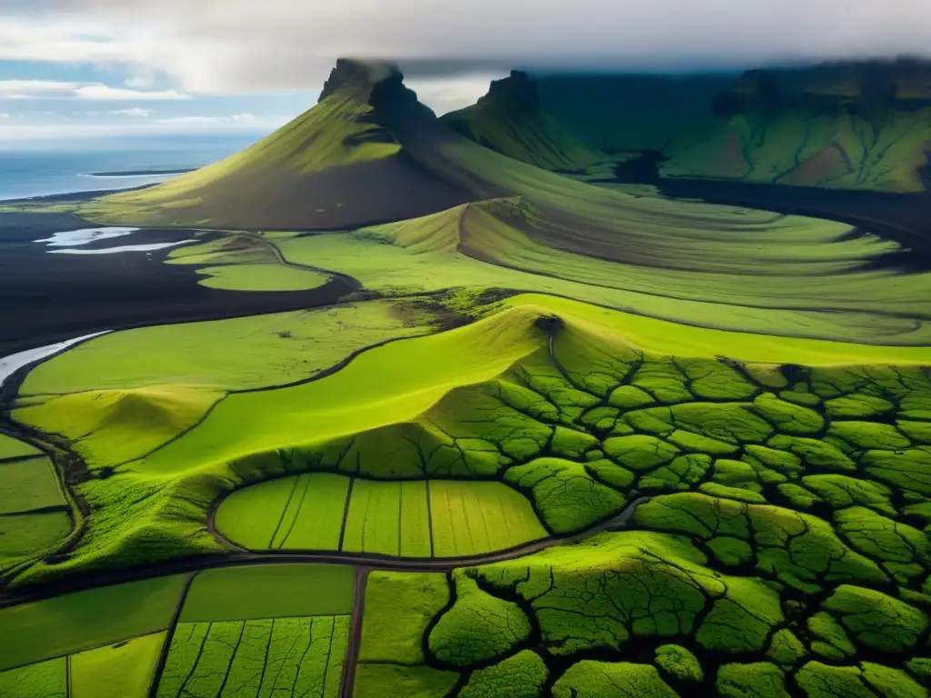 Vista aérea serena y minimalista de Islandia y Hawái, destacando sus políticas sostenibles en entornos de islas únicos