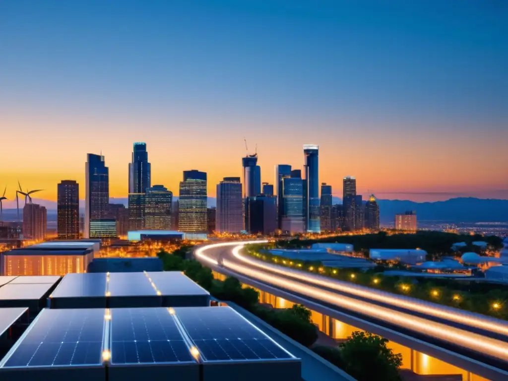 Vista aérea de microredes sostenibles iluminando la ciudad al anochecer, demostrando desafíos legales microgrids actualidad