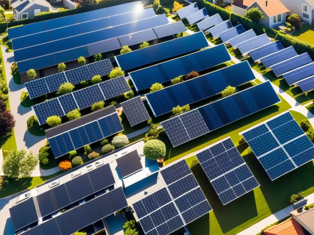 Vista aérea de vecindario con paneles solares en techos, reflejando luz