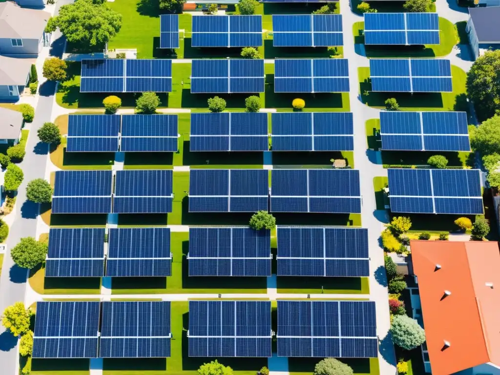 Vista aérea de vecindario residencial con paneles solares en techos