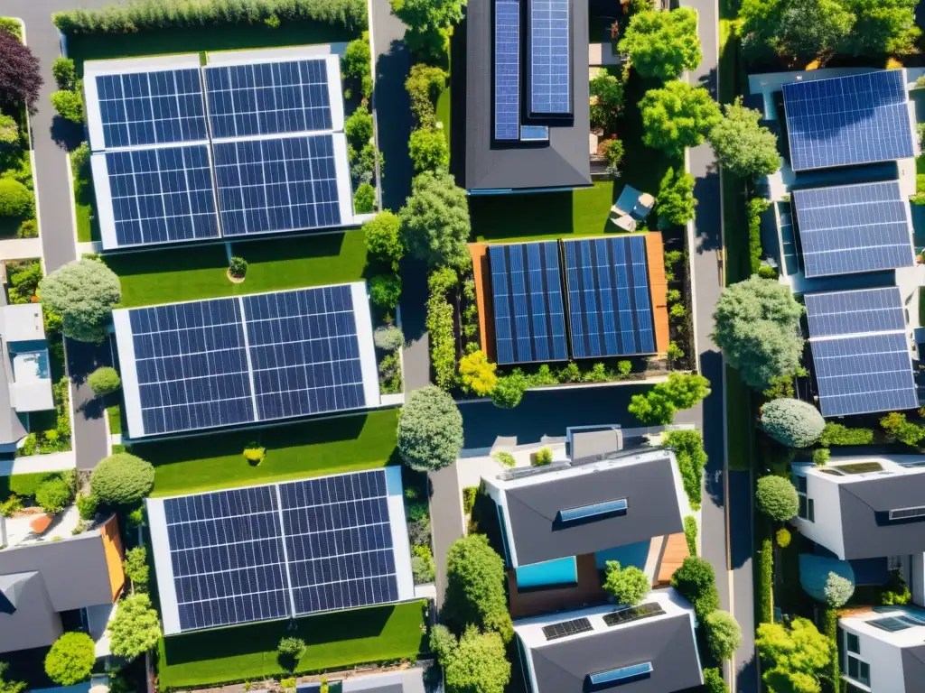 Vista aérea de un vecindario suburbano con casas equipadas con paneles solares modernos, integrando la energía solar en hogares sostenibles