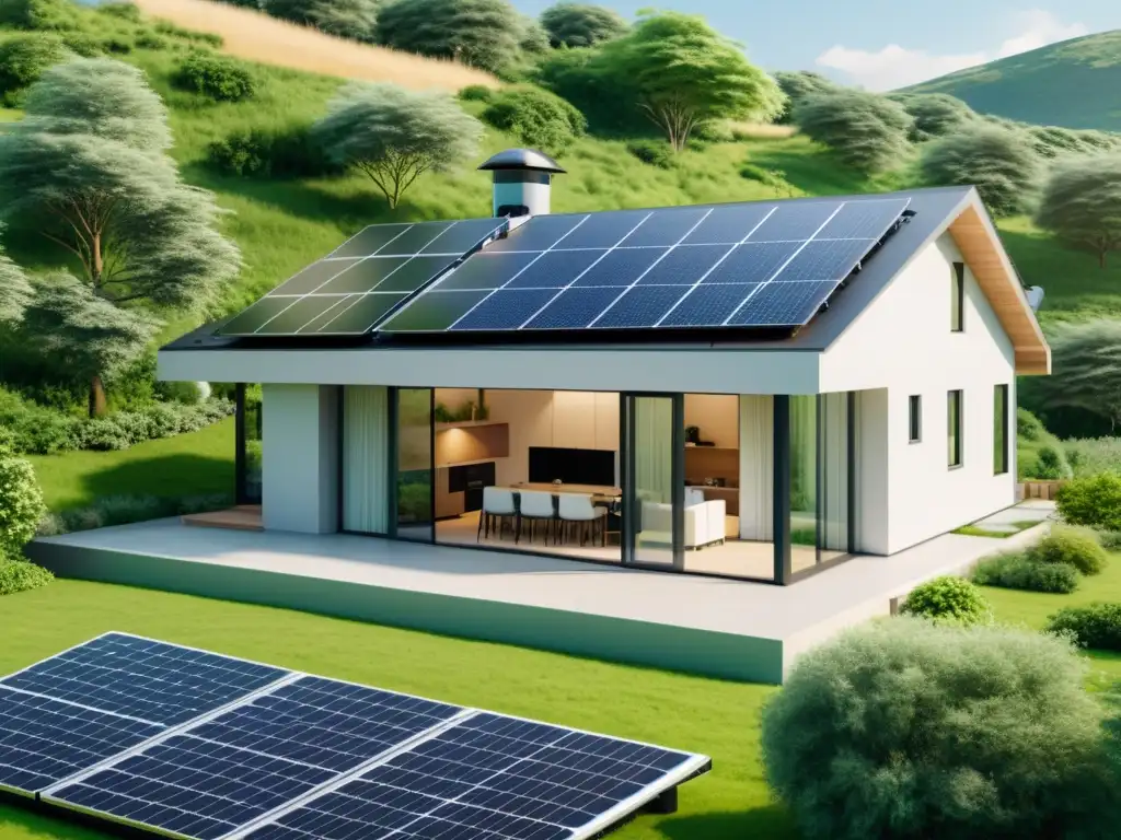 Vista en alta resolución de una casa sostenible con paneles solares, turbinas eólicas y tecnologías renovables