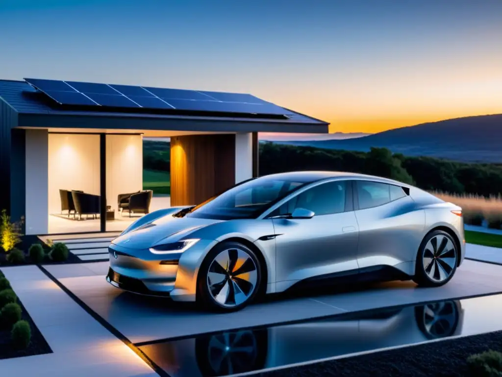 Vista armoniosa de una casa moderna con paneles solares, coche eléctrico y sistema de almacenamiento integrado