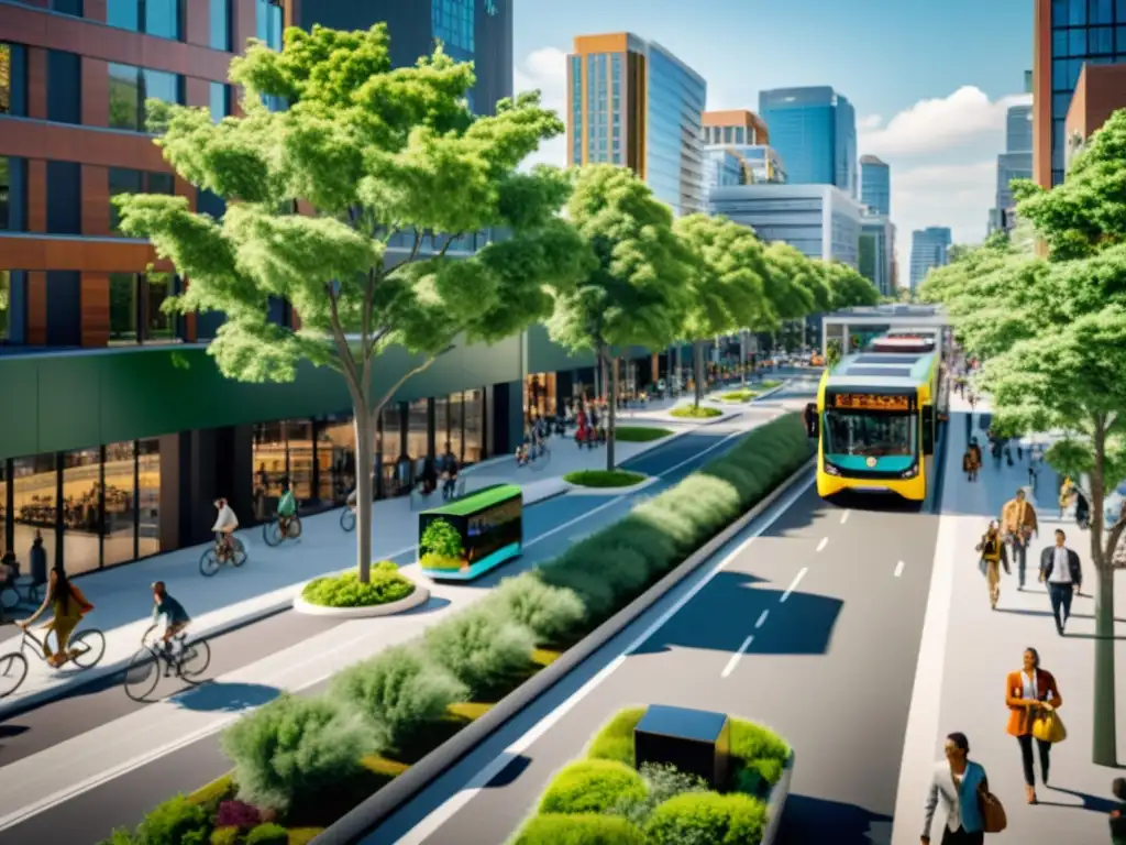 Vista de una bulliciosa calle de la ciudad con peatones, edificios modernos y transporte ecoamigable