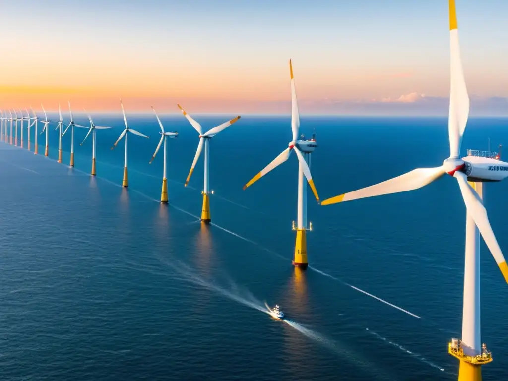 Vista de buques blancos frente a molinos eólicos, simbolizando la optimización de rutas de suministro para parques eólicos offshore al atardecer