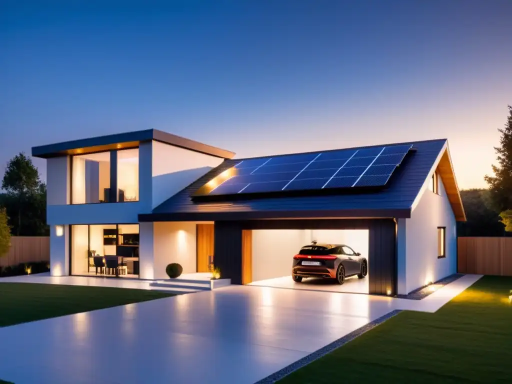 Vista cálida de casa moderna con paneles solares y sistema de almacenamiento de energía en casa, integrando tecnología sostenible