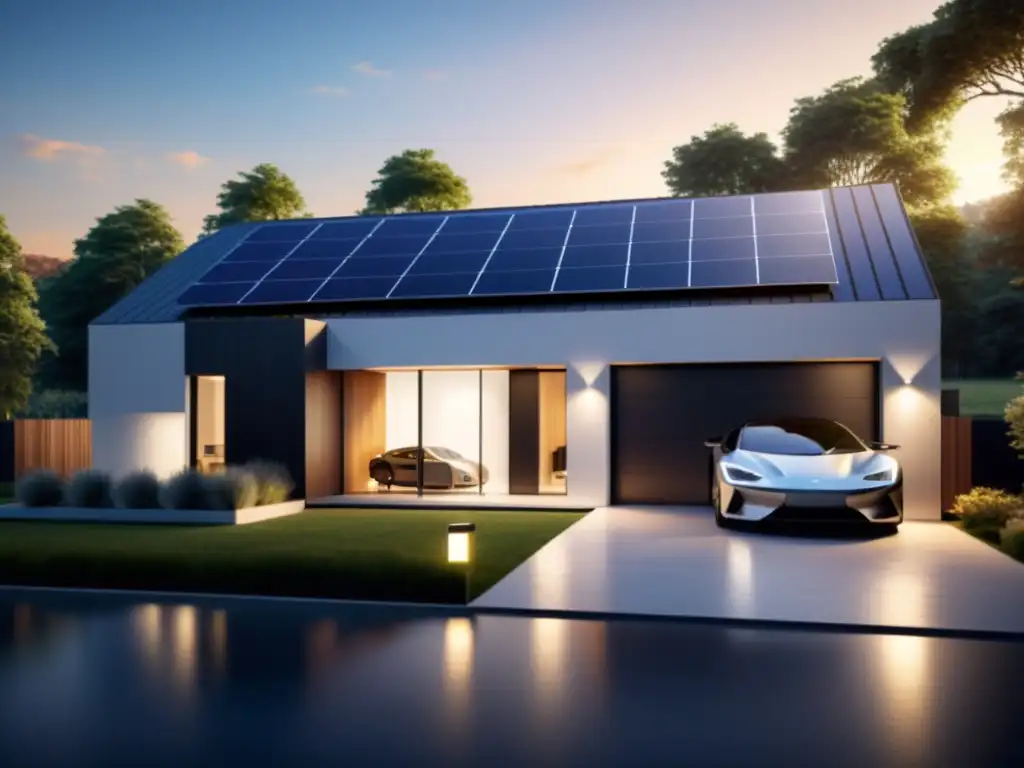 Vista cálida de casa moderna con paneles solares y baterías para suministro continuo integradas en el garaje, destacando tecnología ecofriendly