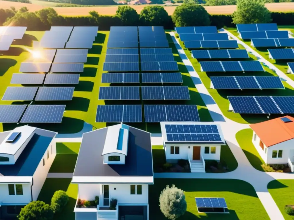 Vista cálida de comunidad residencial con paneles solares, evocando beneficios de unirse a comunidades solares sin paneles