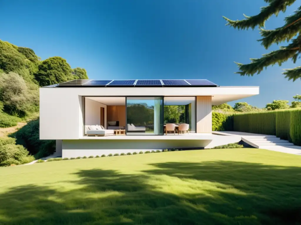 Vista cálida y moderna de casa pasiva con paneles solares integrados y almacenamiento térmico para casas pasivas