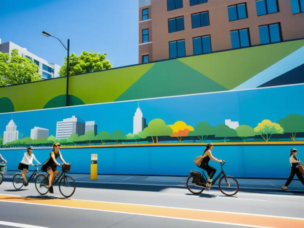 Vista de una calle urbana vibrante con ciclistas, peatones y edificios altos, destacando el urbanismo táctico para ciudades sostenibles