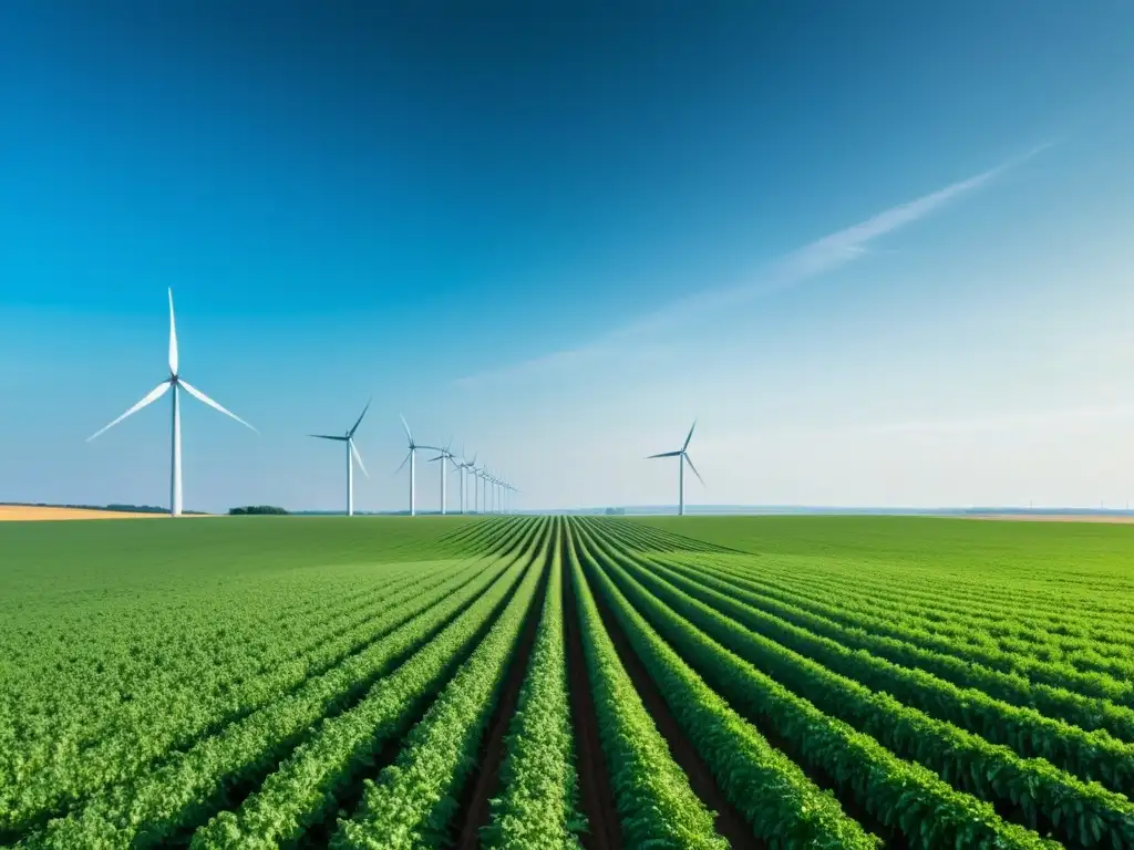 Vista de campo agrícola con cultivos verdes y molinos de viento, simbolizando la agricultura sostenible y energía eólica