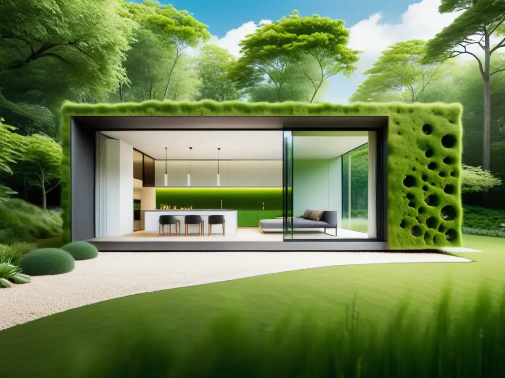 Vista de casa minimalista rodeada de jardín con bioenergía de algas para hogar sostenible