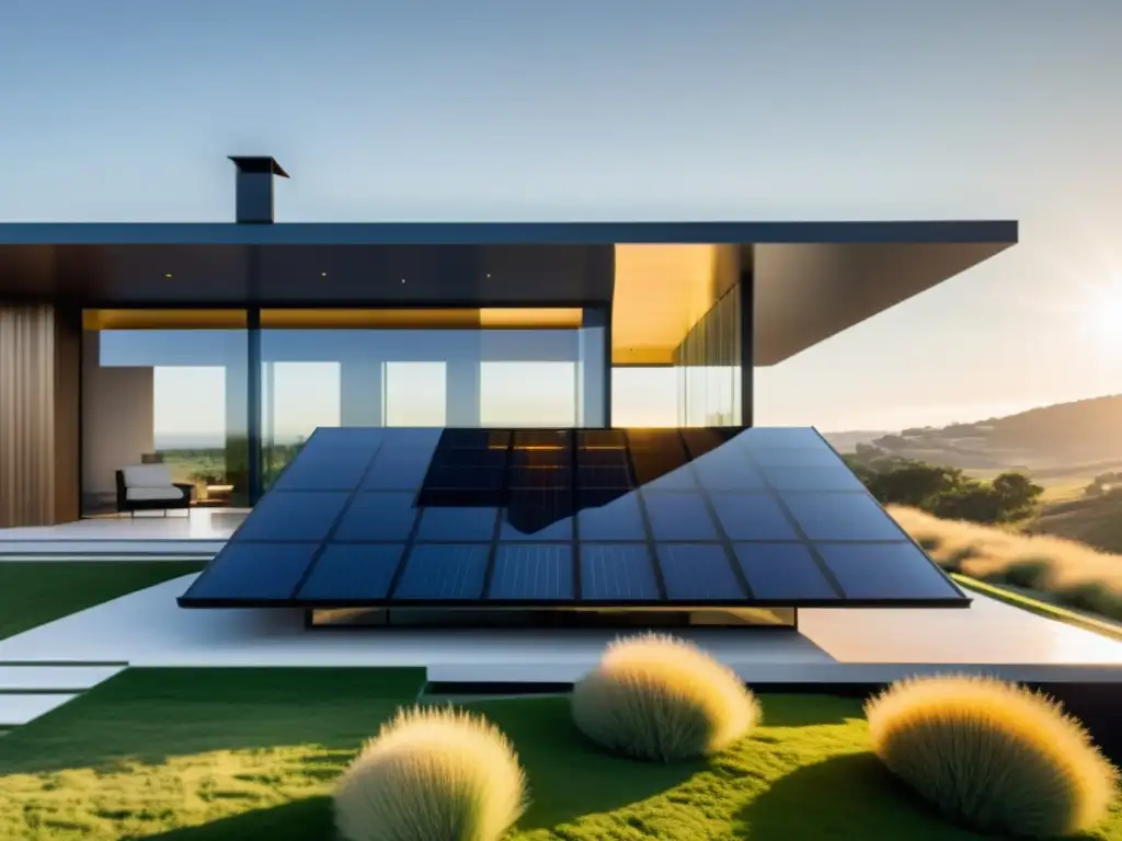 Panel solar de vidrio transparente brilla en casa moderna Vista de una casa moderna con aplicaciones del vidrio fotovoltaico, bañada por la cálido luz solar