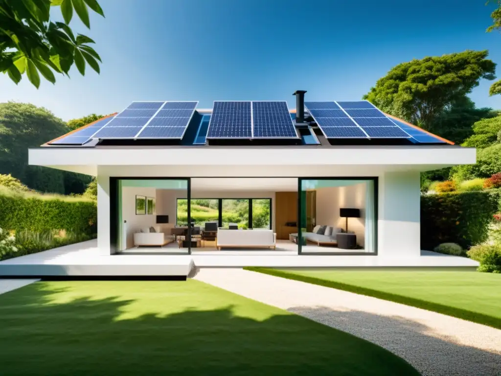 Vista de casa moderna y eficiente con orientación para eficiencia energética, rodeada de jardines exuberantes y paneles solares integrados