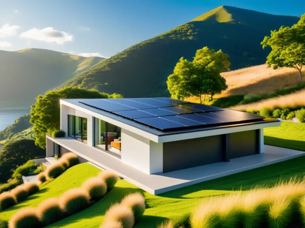 Vista de casa moderna con paneles solares y sistema de almacenamiento de energía integrado, reflejando vida sostenible y eficiente