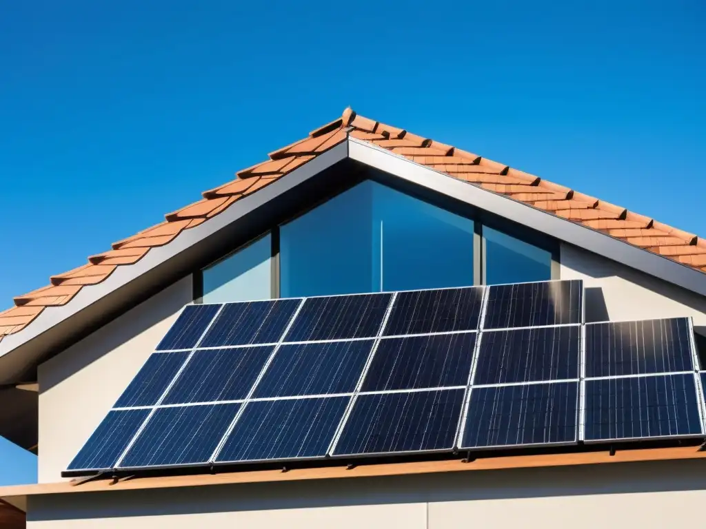 Vista de una casa moderna con paneles solares integrados en el techo, estrategias combinadas autosuficiencia energética