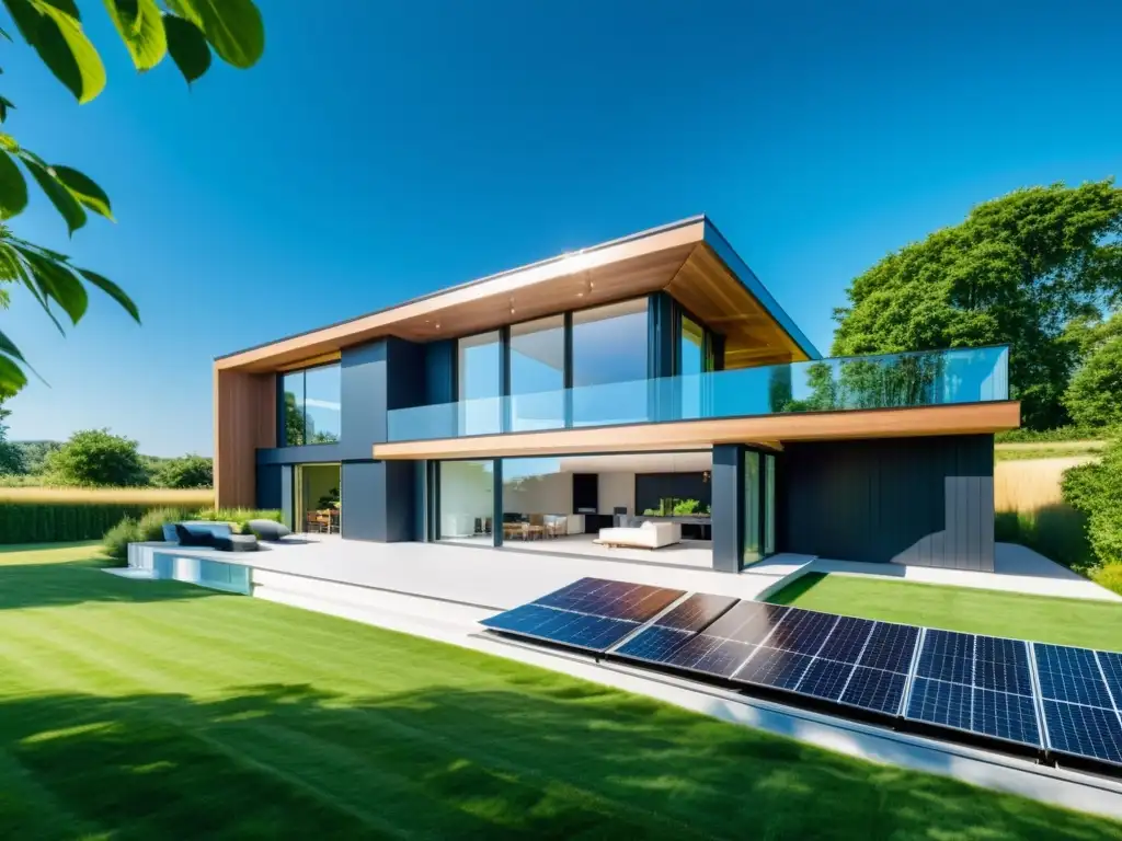 Vista en alta definición de una casa moderna con paneles solares y turbinas eólicas