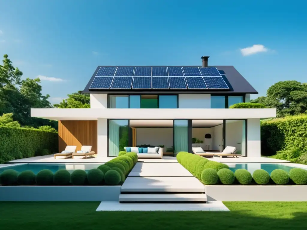 Vista de una casa ecológica moderna con paneles solares, rodeada de vegetación exuberante y un cielo azul claro