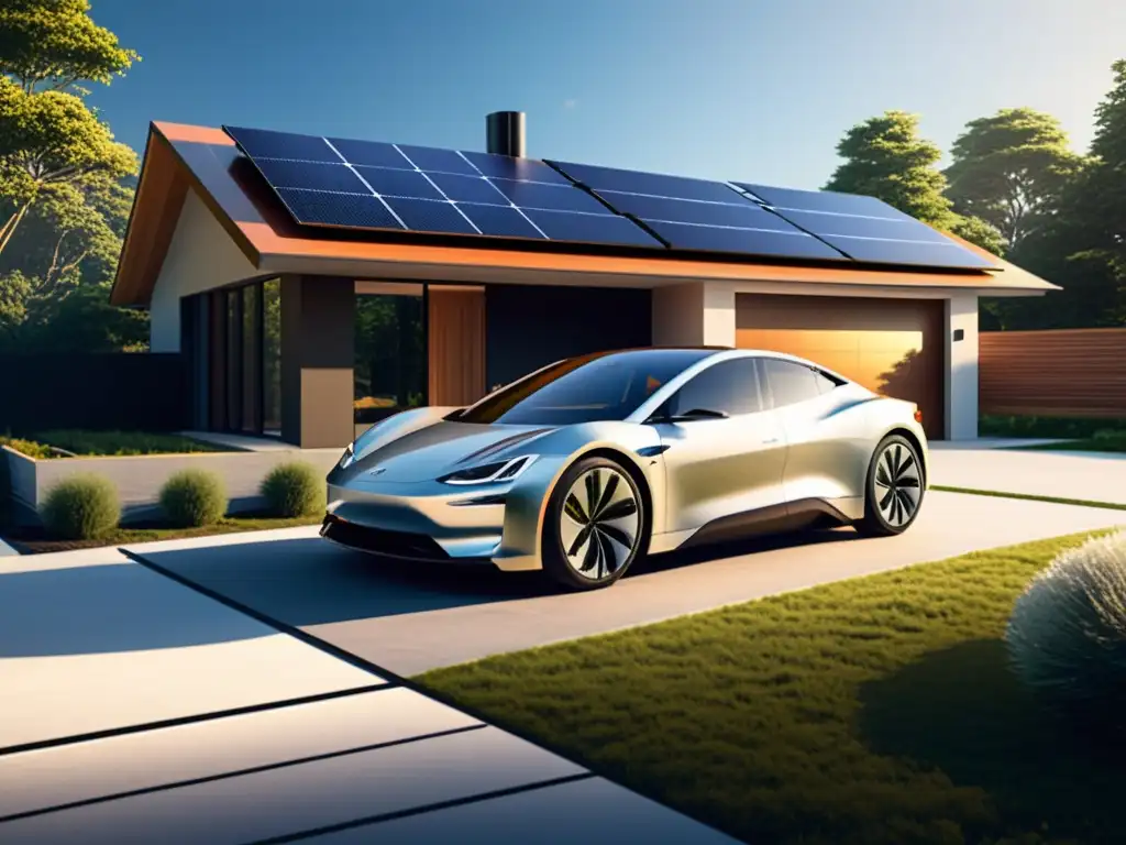 Vista de una casa moderna con paneles solares en el techo y un coche eléctrico en el camino