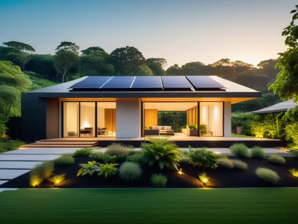 Vista de casa moderna con paneles solares, rodeada de vegetación, integrando baterías para hogar sostenible IoT en su arquitectura ecoconsciente