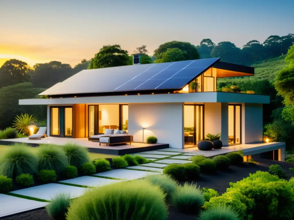 Vista de una casa moderna y sostenible con paneles solares, rodeada de exuberante vegetación al atardecer