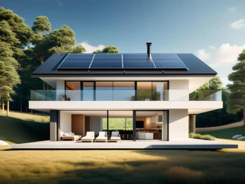 Vista de una casa sostenible moderna con paneles solares y un sistema de calefacción eficiente