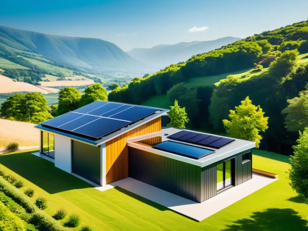 Vista de una casa sostenible moderna con paneles solares en el techo y almacenamiento de energía para hogar sostenible integrado en su diseño