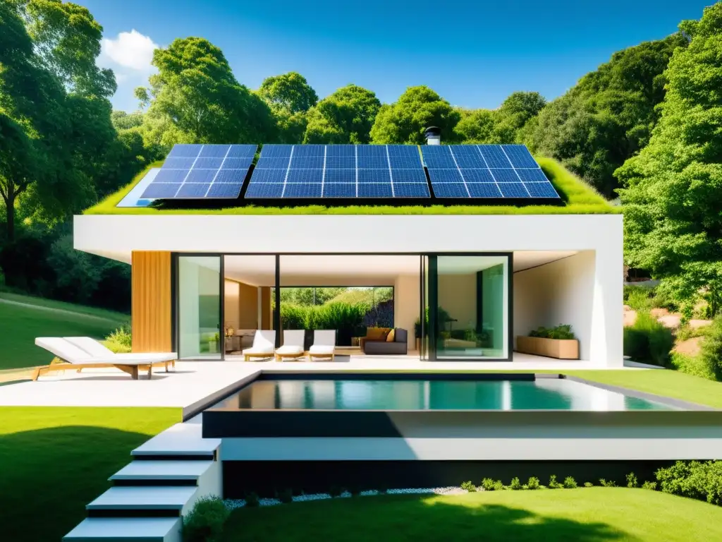 Vista de casa sostenible con paneles solares integrados, innovaciones energía solar sostenible