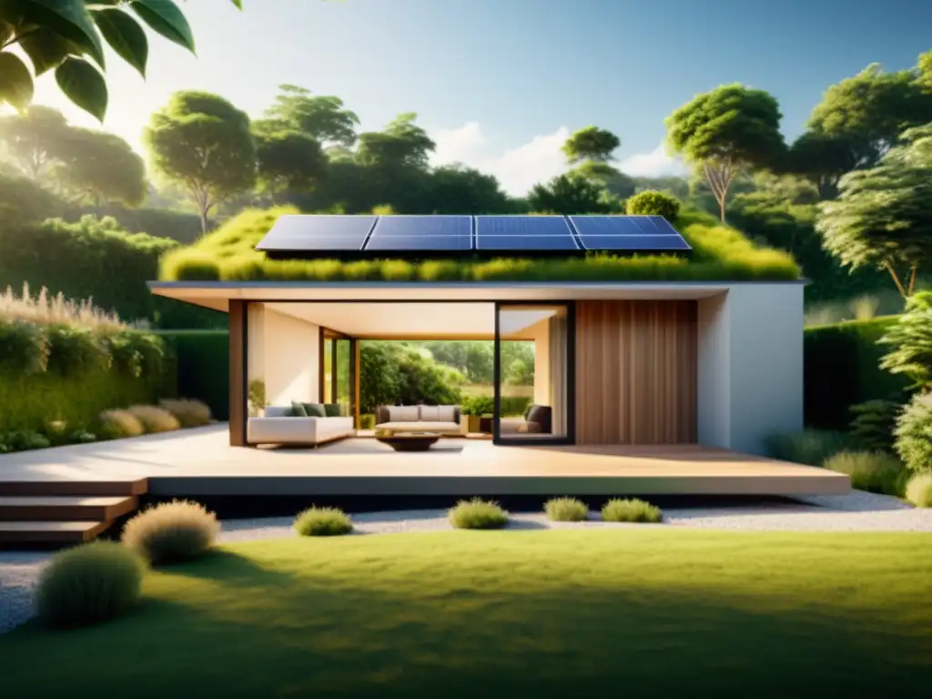 Vista de casa sostenible con paneles solares, techos verdes y jardín, irradiando armonía con la naturaleza