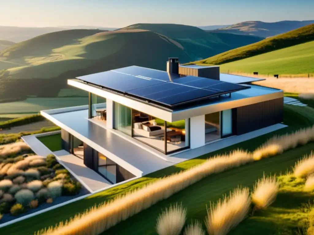 Vista cercana de casa moderna con paneles solares y paisaje