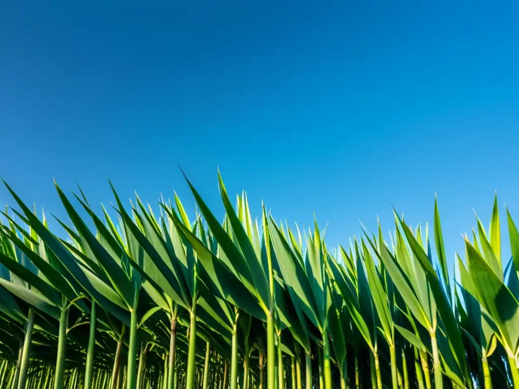 Vista cercana de un exuberante campo de caña de azúcar bajo el cielo azul, capturando la esencia de biocombustibles sostenibles