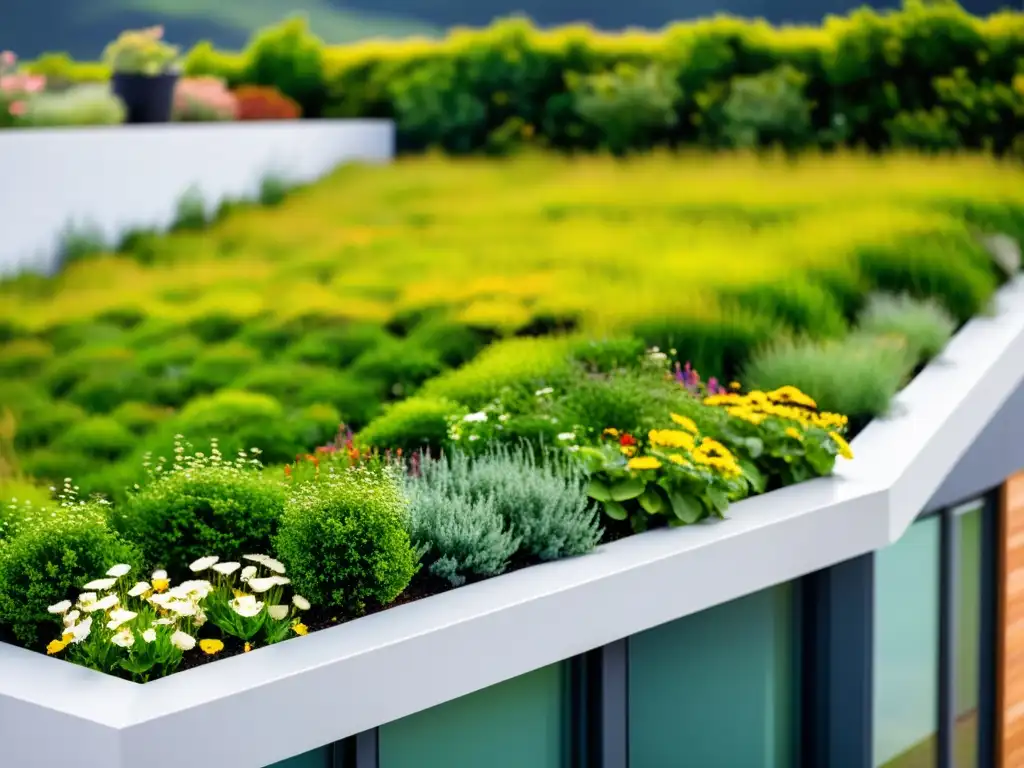 Vista cercana de un techo verde moderno y minimalista en una casa contemporánea, con plantas exuberantes