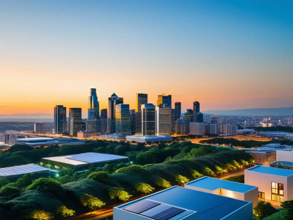 Vista de la ciudad al atardecer, con modernos edificios iluminados por una cálida luz dorada