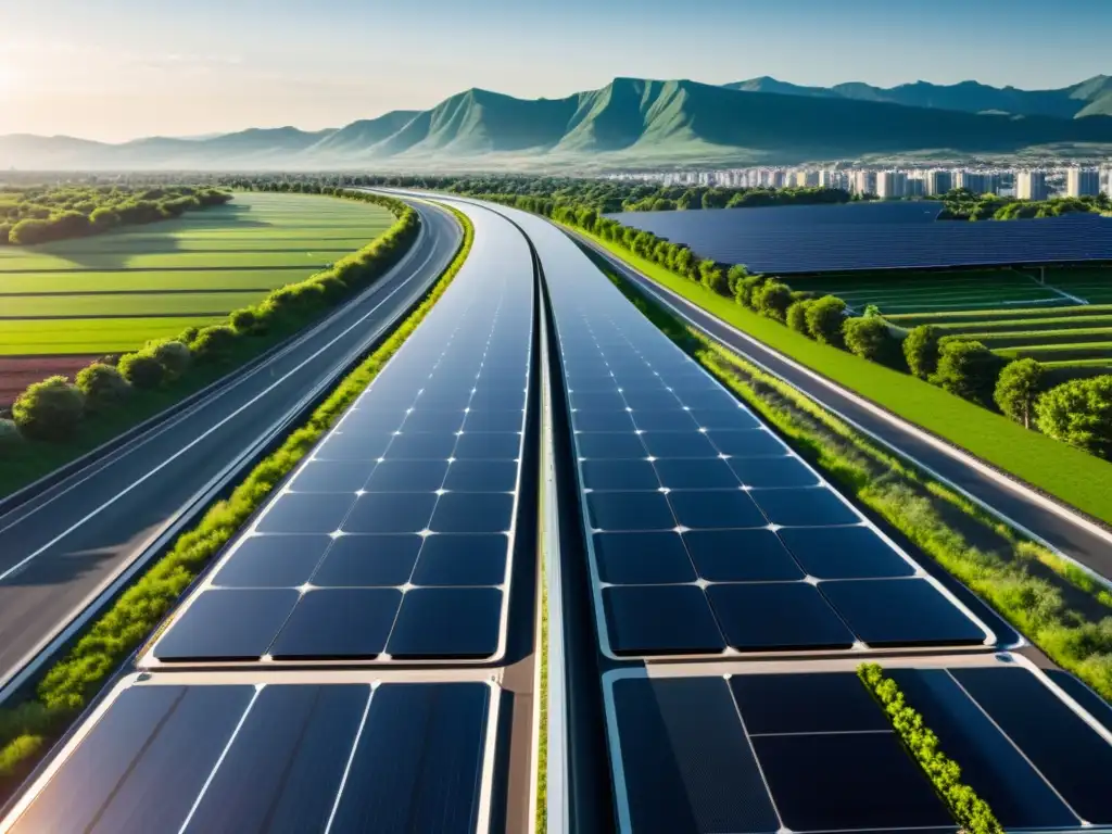 Vista de ciudad con carreteras solares, representando la sostenibilidad urbana futurista