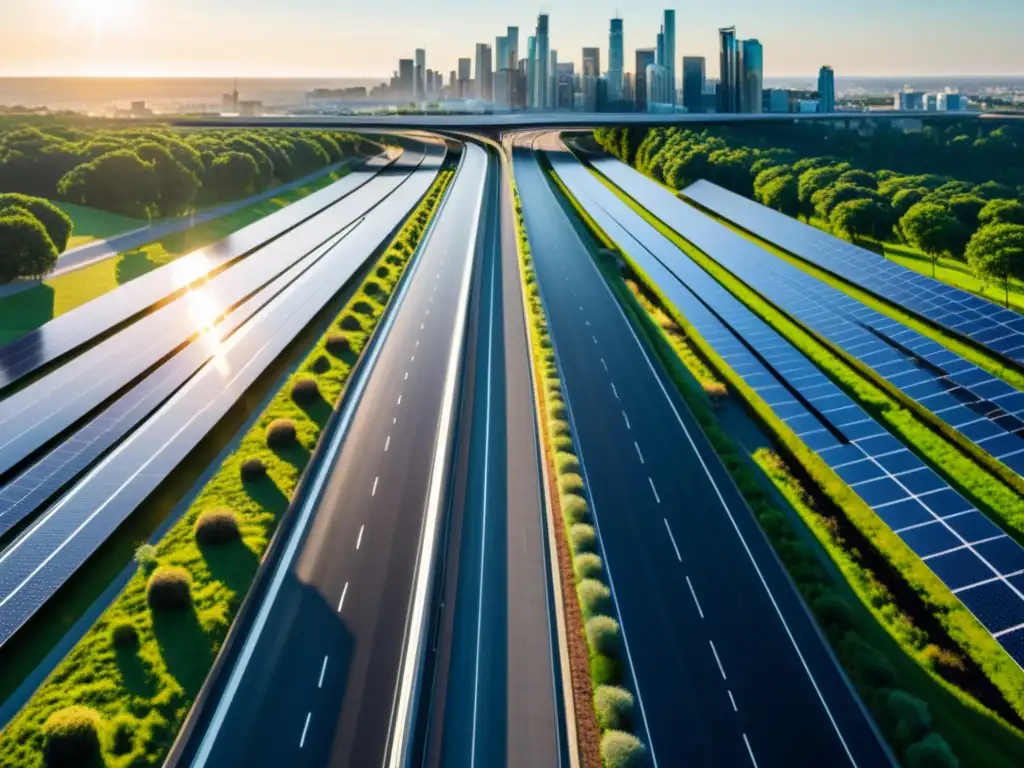 Vista de una ciudad con carreteras solares integradas, representando la sostenibilidad urbana y la innovación en infraestructura