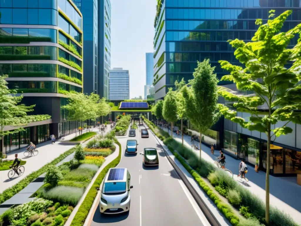 Vista de una ciudad con edificios modernos y sostenibles, rodeados de vegetación y paneles solares