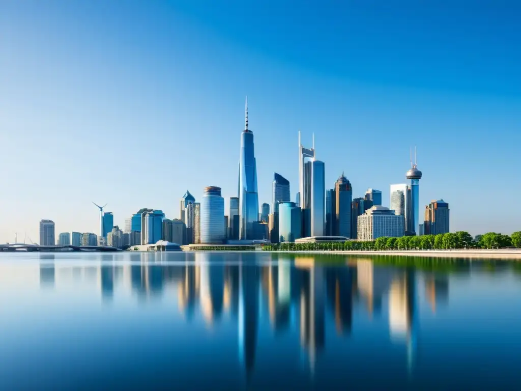 Vista de la ciudad con edificios modernos y cielo despejado, transmitiendo la idea de control de calidad del aire con energías limpias