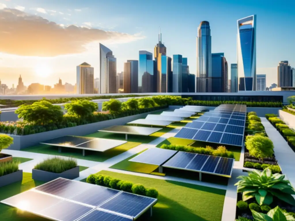 Vista de la ciudad con energía renovable, paneles solares en edificios y espacios verdes