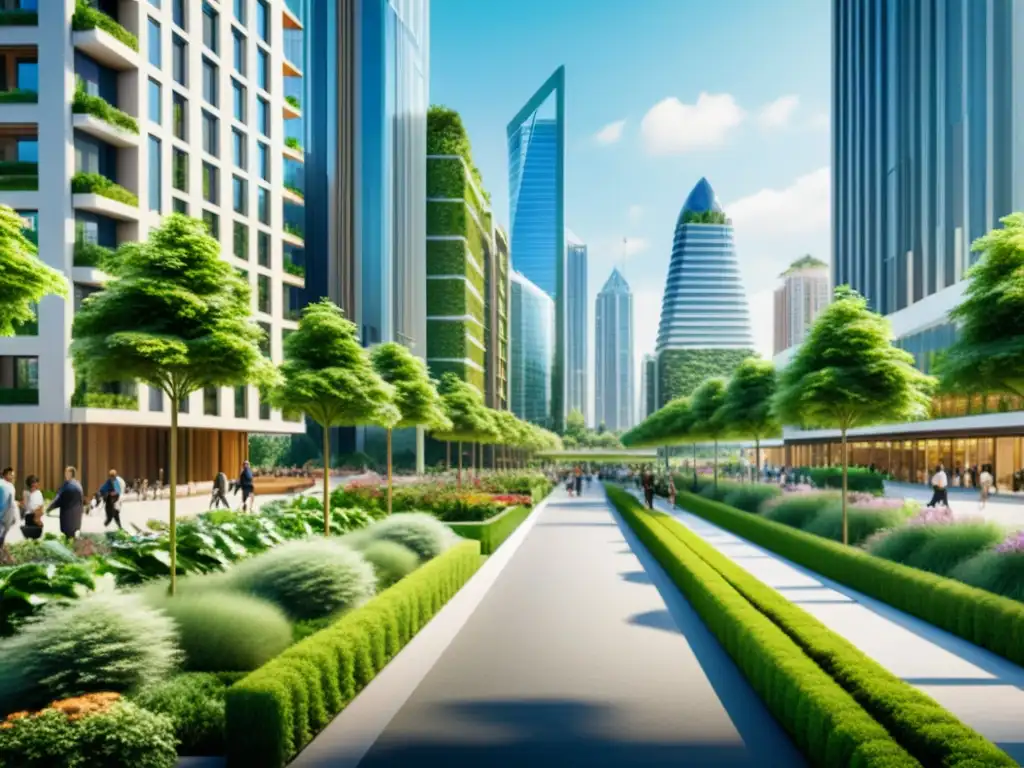 Armonía urbana: rascacielos y naturaleza en una ciudad sostenible Vista de una ciudad moderna con rascacielos y espacios verdes, reflejando la armonía entre desarrollo urbano y naturaleza en una ciudad sostenible