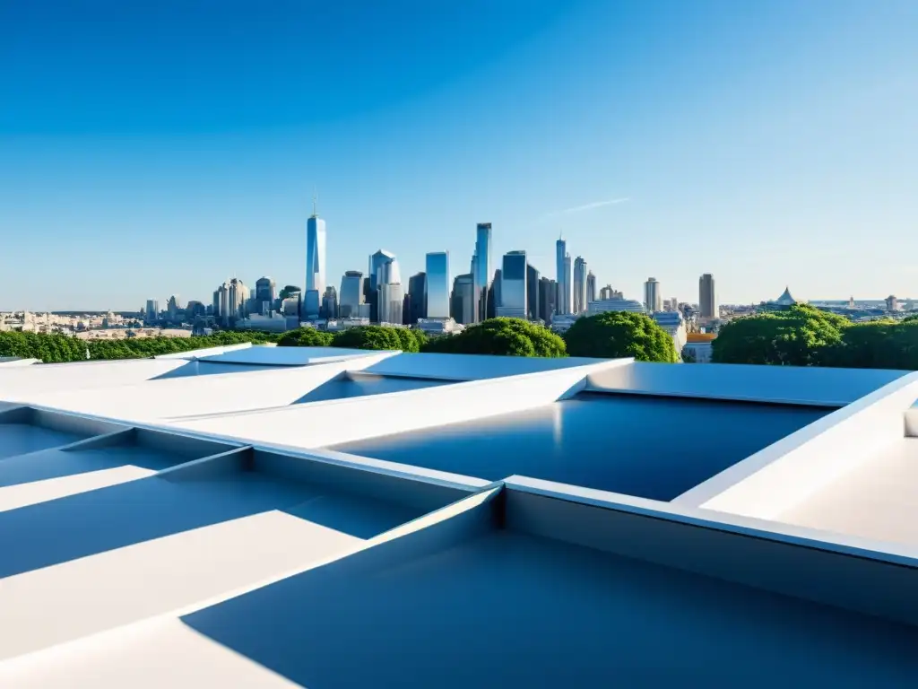 Vista de la ciudad moderna con techos reflectantes sostenibles en verano bajo un cielo azul claro