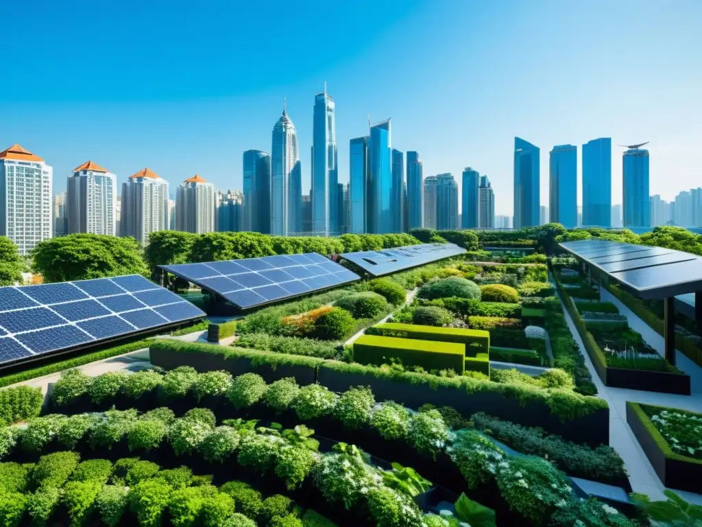 Vista de la ciudad con rascacielos modernos, parques verdes y energía solar, reflejando conciencia ambiental en el desarrollo de ciudades verdes