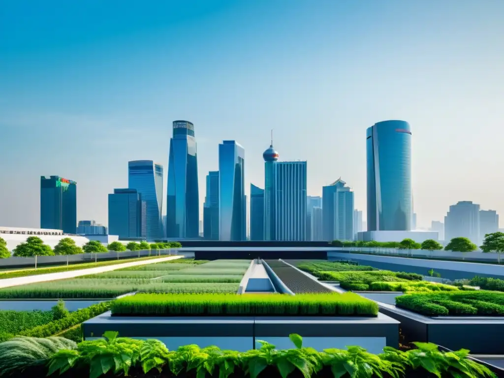 Vista de la ciudad con gestión residuos urbanos sostenibles integrada en la arquitectura moderna y sostenible, mostrando armonía entre desarrollo urbano y conciencia ambiental