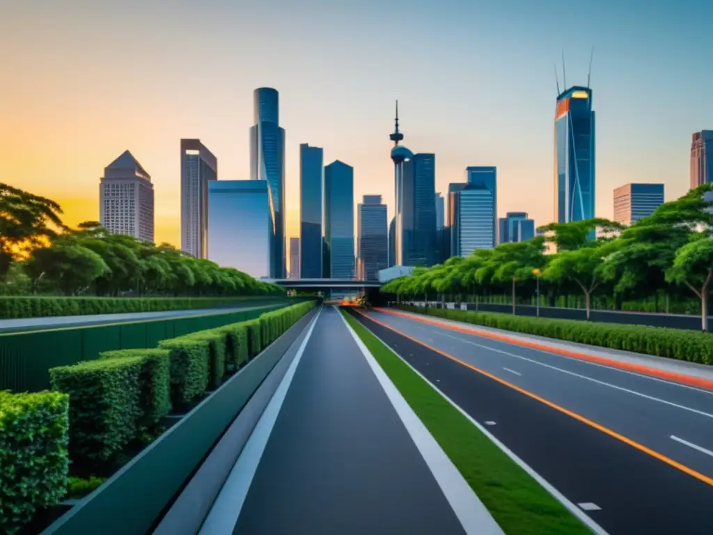 Vista de la ciudad sostenible al atardecer con rascacielos modernos y espacios verdes