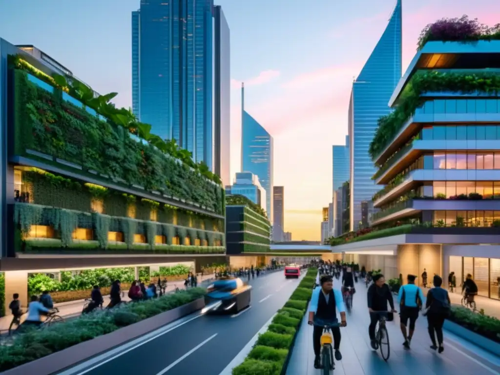 Horizonte eco-moderno: armonía urbana y sostenibilidad Vista de ciudad sostenible al atardecer, con rascacielos modernos y naturaleza integrada