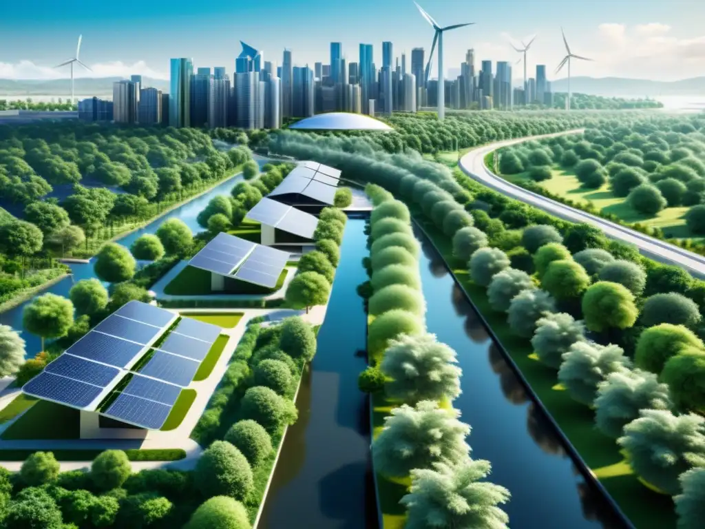 Horizonte urbano sostenible: modernidad en armonía con la naturaleza Vista de una ciudad sustentable con modernos edificios, energía renovable y transporte público eficiente