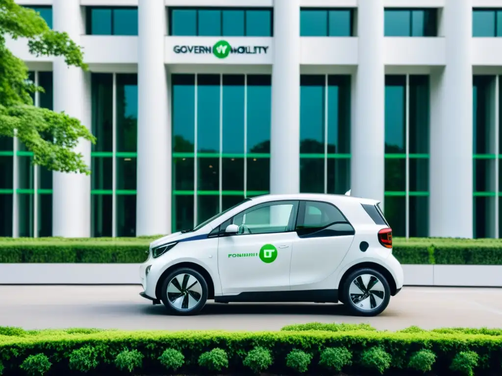 Vista de un coche eléctrico moderno estacionado frente a un edificio gubernamental, rodeado de estaciones de carga y vegetación