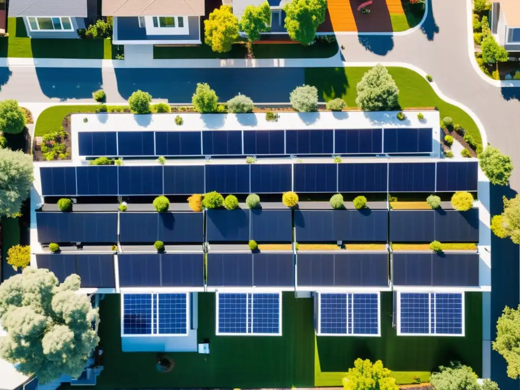 Vista comunitaria con paneles solares en los techos, irradiando energía solar y promoviendo un ahorro participativo